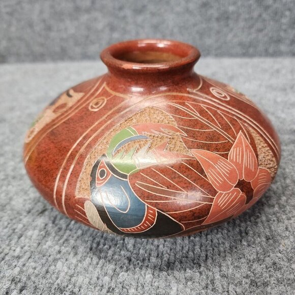 Costa Rica Toucan Hummingbird butterfly Ceramic Vase Folk Art Pottery - Picture 3 of 15